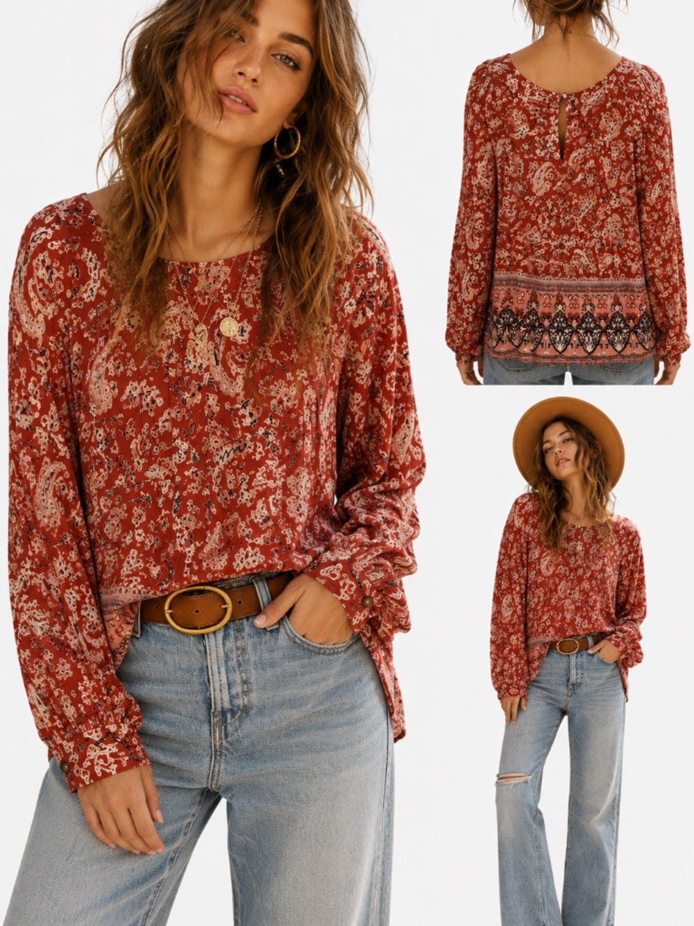 Knox Rose Small Boho Paisley Floral Peasant Blouse Rust Pink Crinkle Rayon